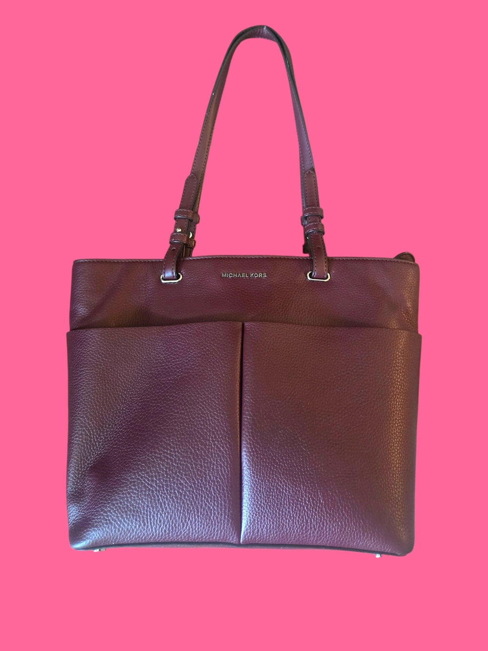 Michael Kors Burgundy Pebbled Leather Tote with Dual Front Pockets